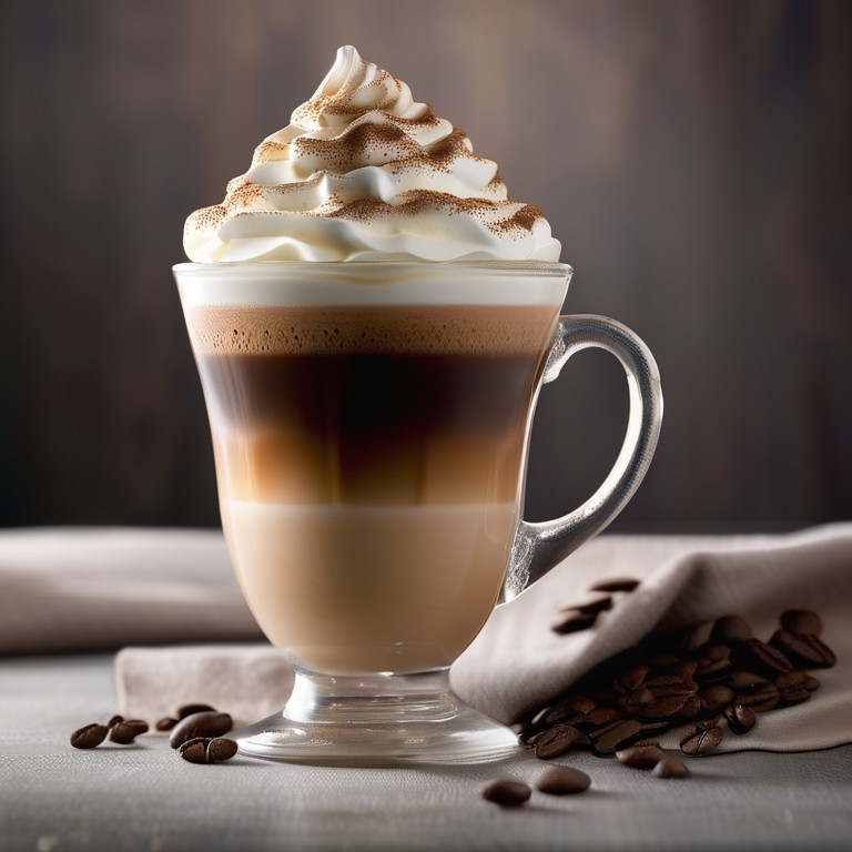 cup of coffee with different layers topped with whipped cream and powder
