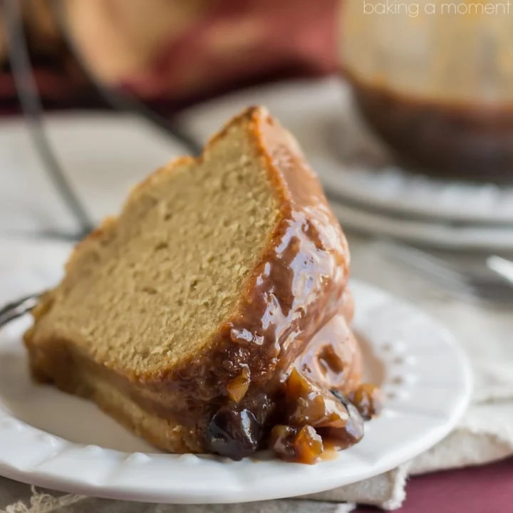 a slice of chestnut praline coffee cake on saucer