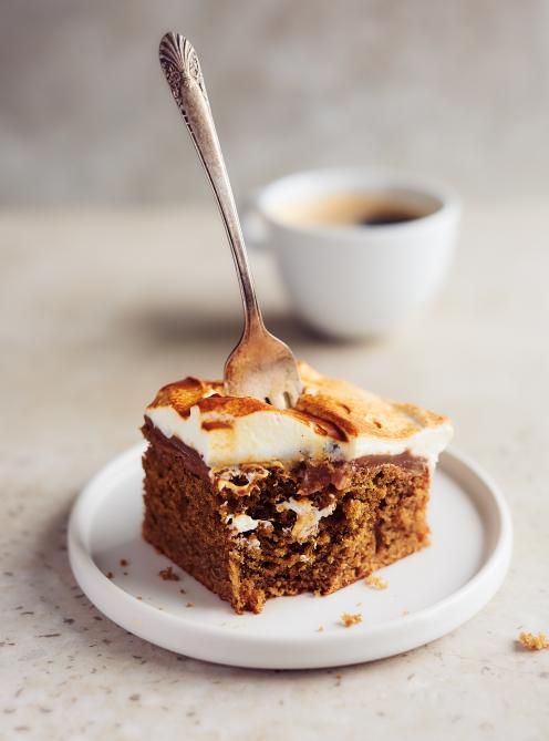 Coffee and Chestnut Cake with fork inserted