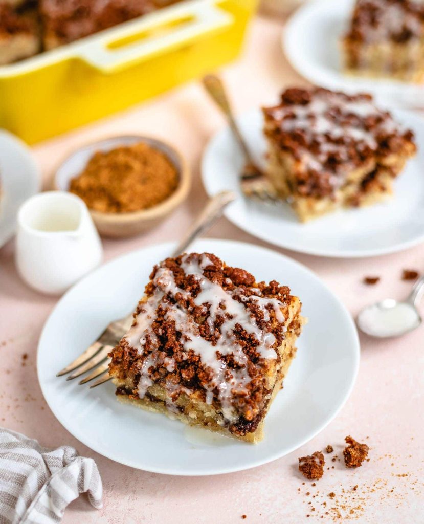 crumbly vegan coffee cake with melted icing