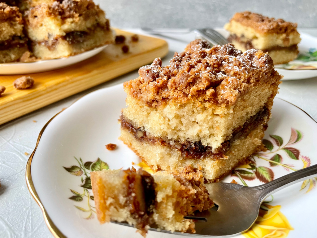 vegan coffee cake on floral platter