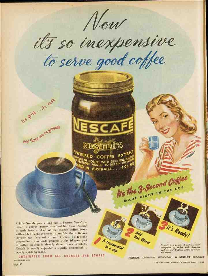 A woman holding a cup of coffee in an ad