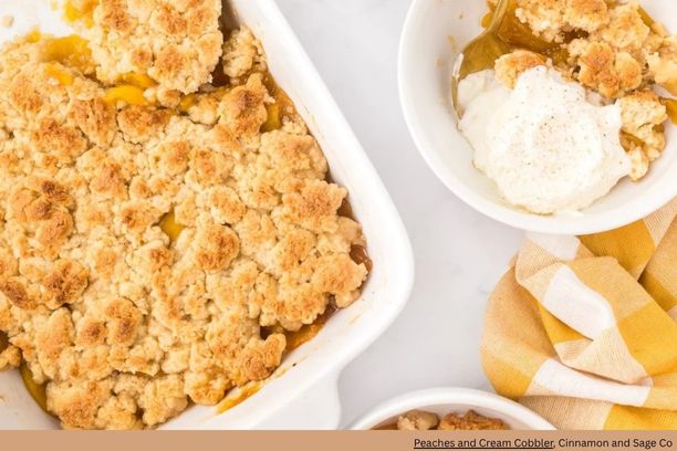 a flat lay of peach cobbler in a long pan with a serving in a bowl next to it