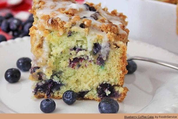 moist blueberry coffee cake with white glaze on a plate