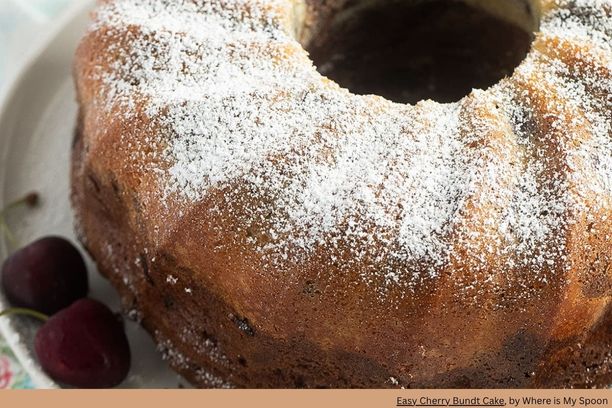 cherry coffee cake in a round bundt