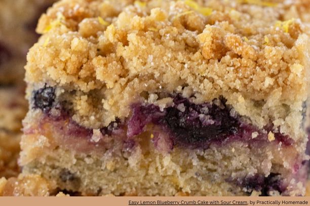 close up of a slice of lemon blueberry coffee cake with crumble topping