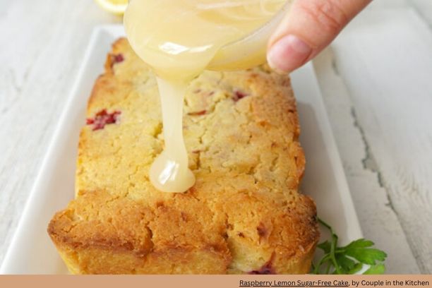 lemon sauce being poured onto a coffee cake