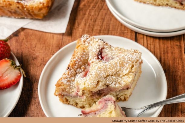 A plate with strawberry coffee cake on it
