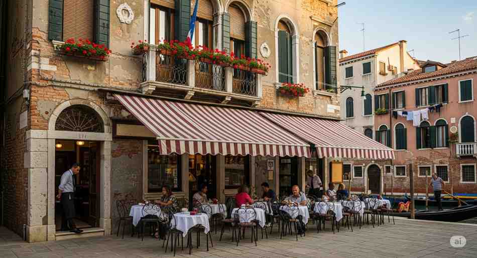 exterior view of an italian cafe in venice with people sitting outdoors near a canal